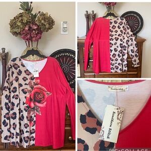 NWT~SOUTHERN STITCH Red and Leopard Print Long Sleeve Top Boutique SZ XL